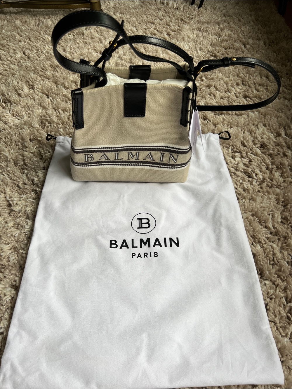 Balmain Beige Canvas Bucket Bag with Black Leather Trim and Logo